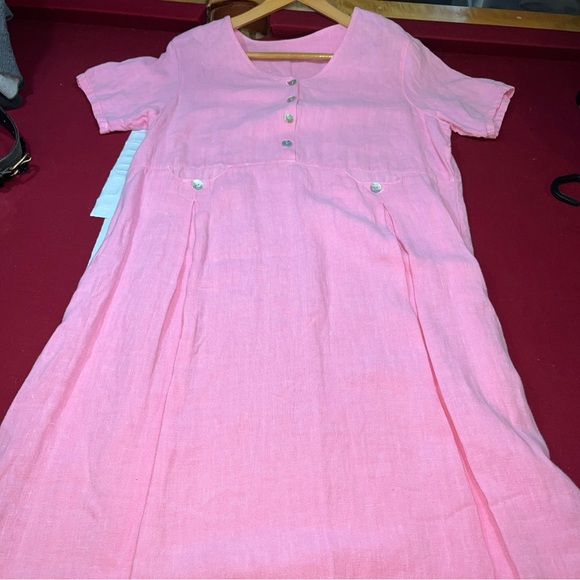 FOCUS PINK linen V-Neck long DRESS Pearl Buttons Gauzy Beach Lagenlook USA made - Picture 16 of 16